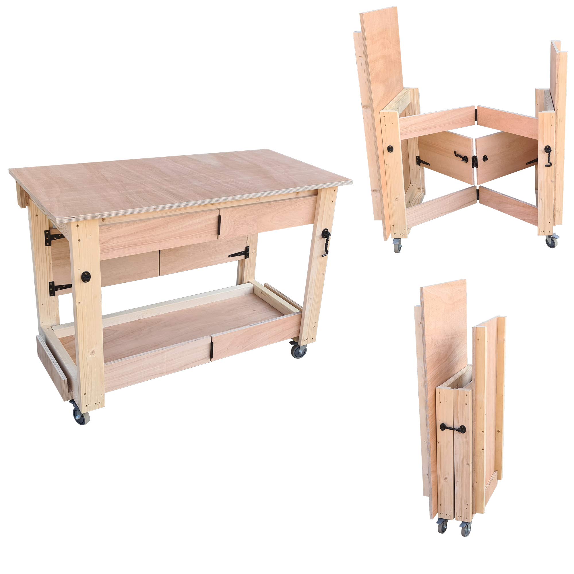 Habilis Folding Mobile Workbench - Eucalyptus Hardwood Top Space
